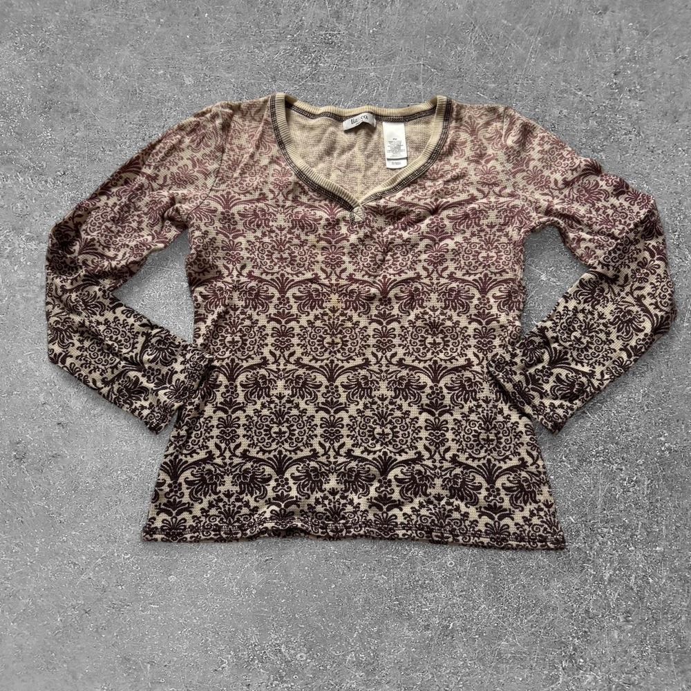 Liz Claiborne Brown Beige Damask Cotton Long Sleeve Henley Top Petite Medium